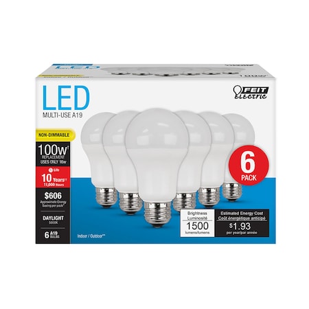 Feit Electric Feit A19 E26 (Medium) LED Bulb Daylight 100 Watt Equivalence 6 pk A160085010KLED6